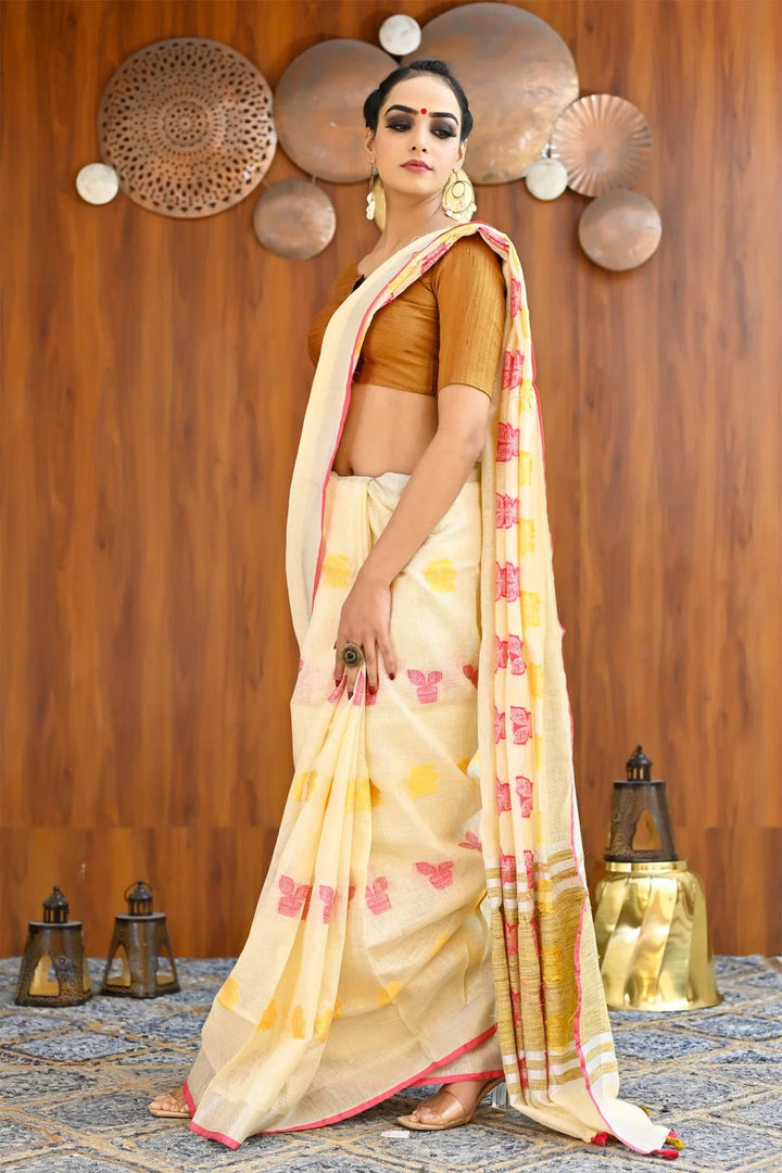 Festival Wear Cream Color Linen Embroidered Handloom Saree