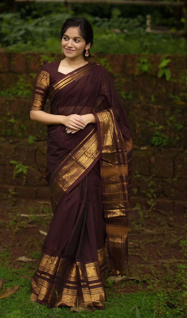 Festival Wear Dark Maroonish Brown Color Cotton Silk Saree