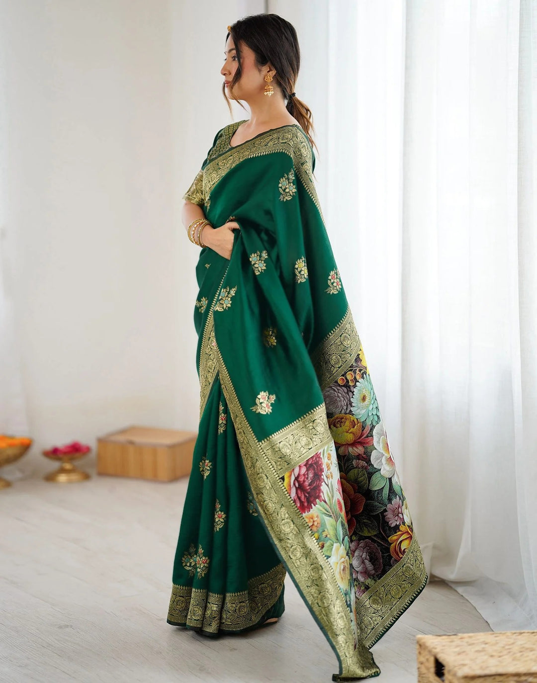 Festival Wear Green Color Banarasi Silk Woven Saree