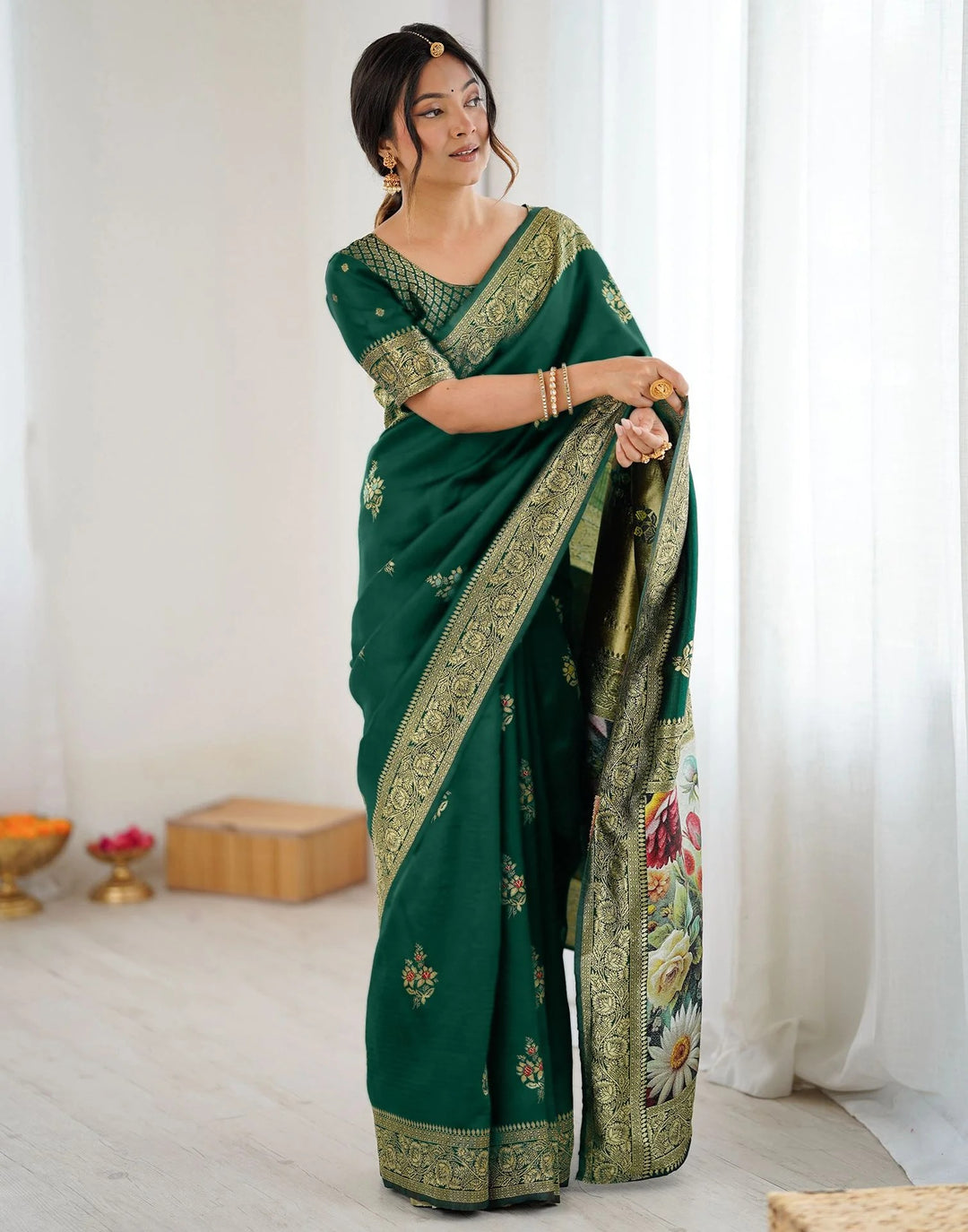 Festival Wear Green Color Banarasi Silk Woven Saree