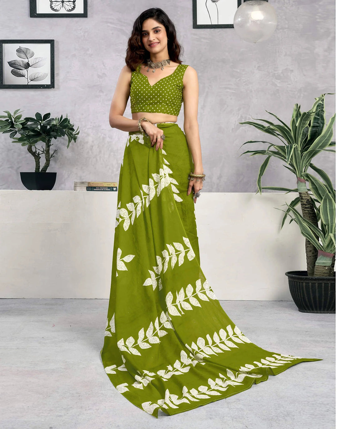 Festival Wear Green Color Cotton Printed Saree