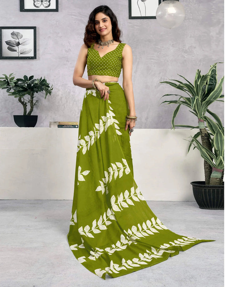 Festival Wear Green Color Cotton Printed Saree