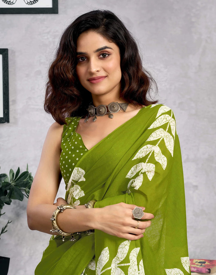 Festival Wear Green Color Cotton Printed Saree