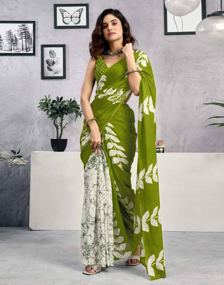 Festival Wear Green Color Cotton Printed Saree