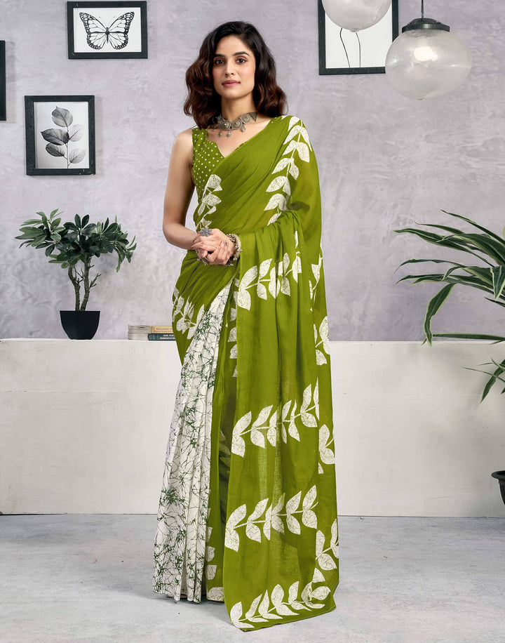 Festival Wear Green Color Cotton Printed Saree