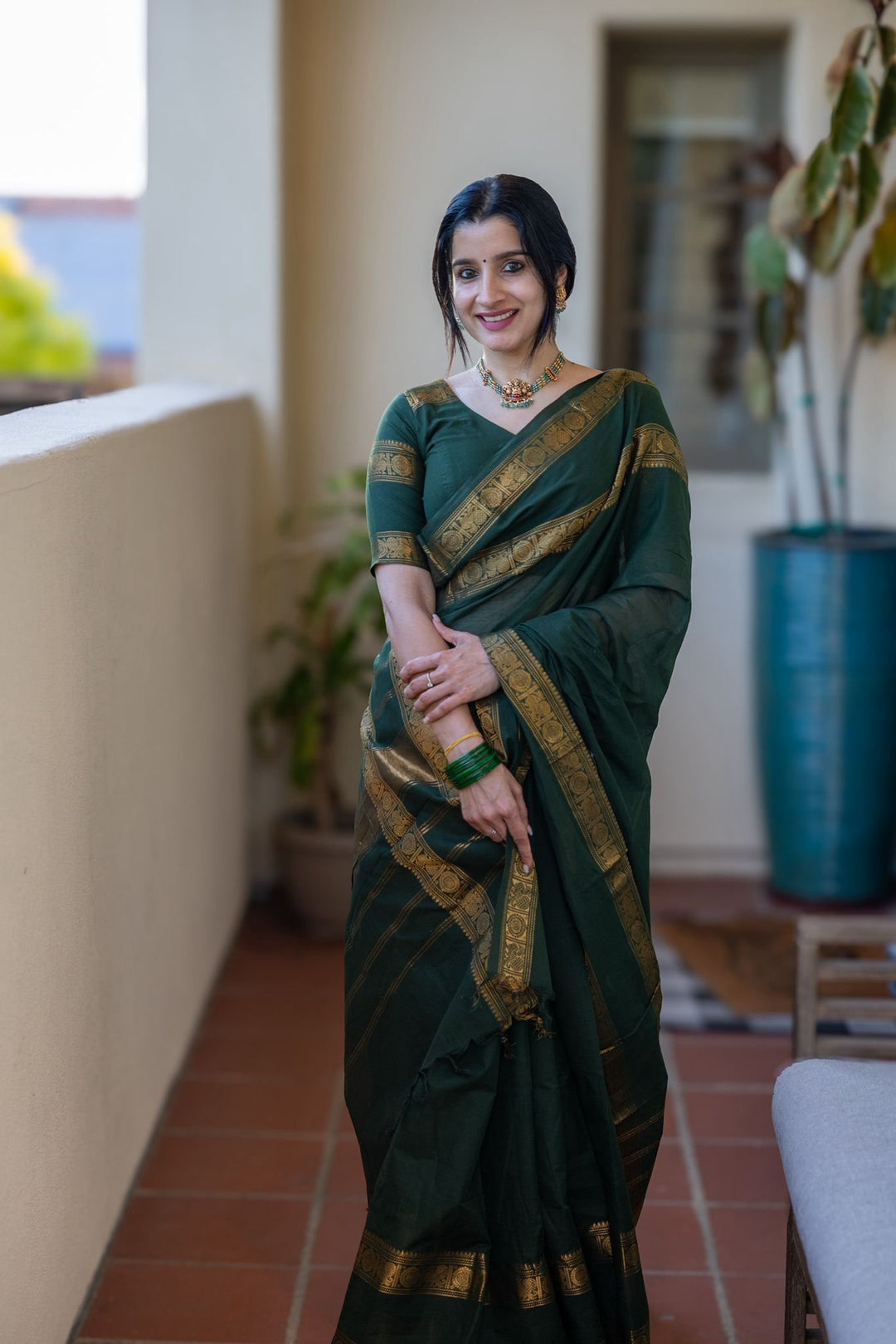 Festival Wear Green Color Cotton Silk Saree