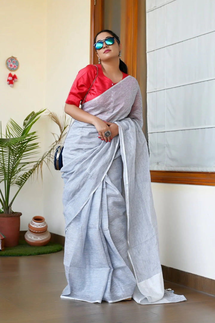 Festival Wear Light Blue Color Linen Handloom Saree