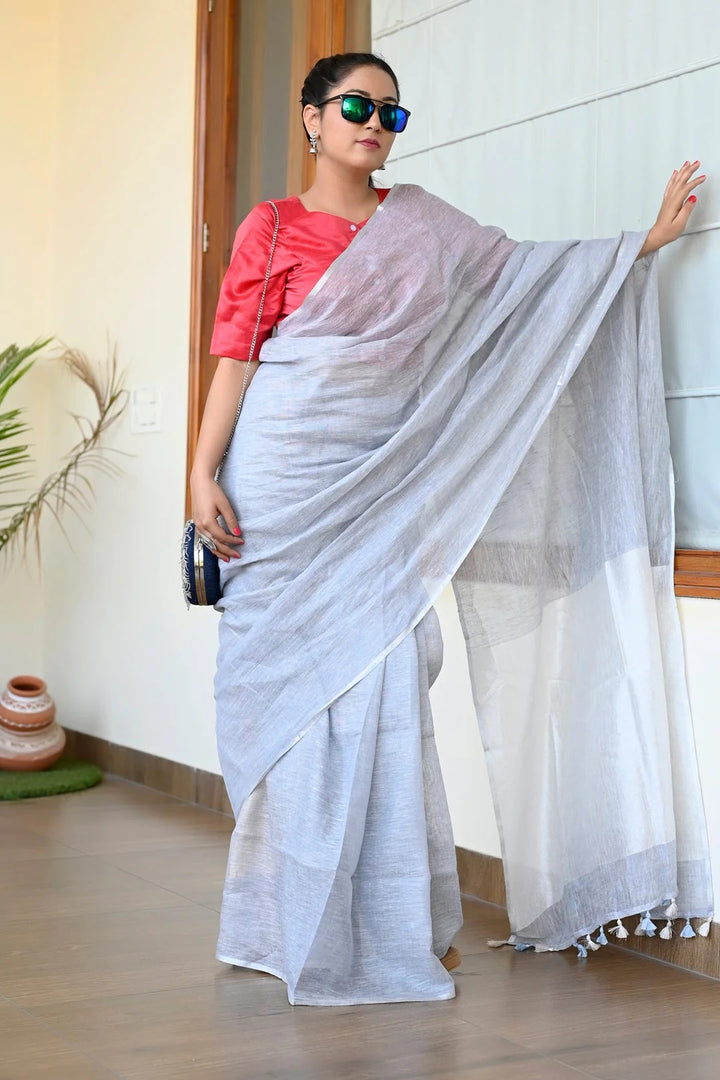 Festival Wear Light Blue Color Linen Handloom Saree