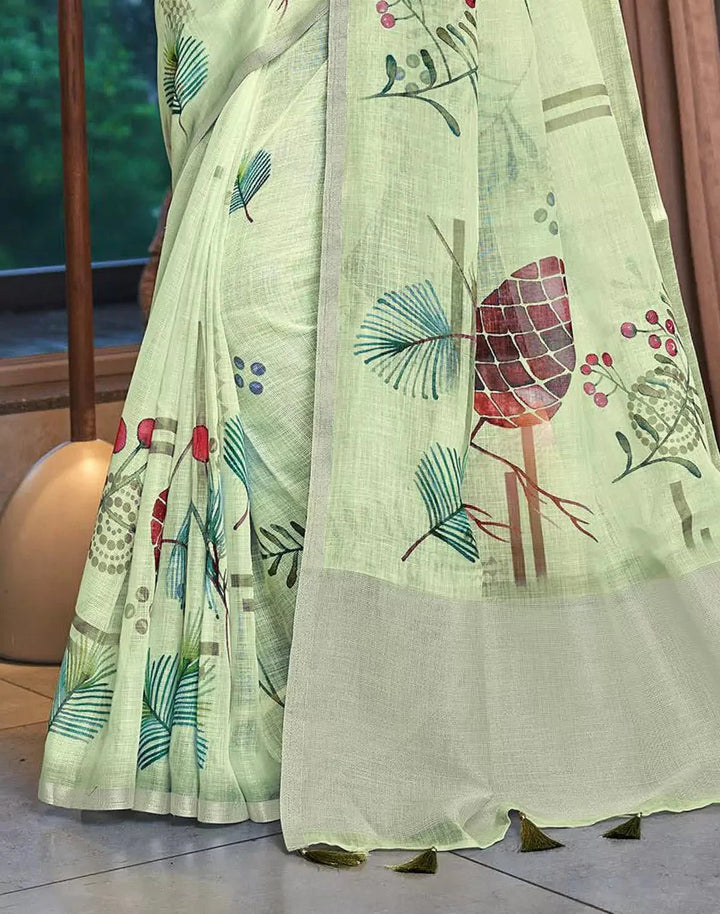Festival Wear Light Green Color Linen Silk Saree with Short Pallu