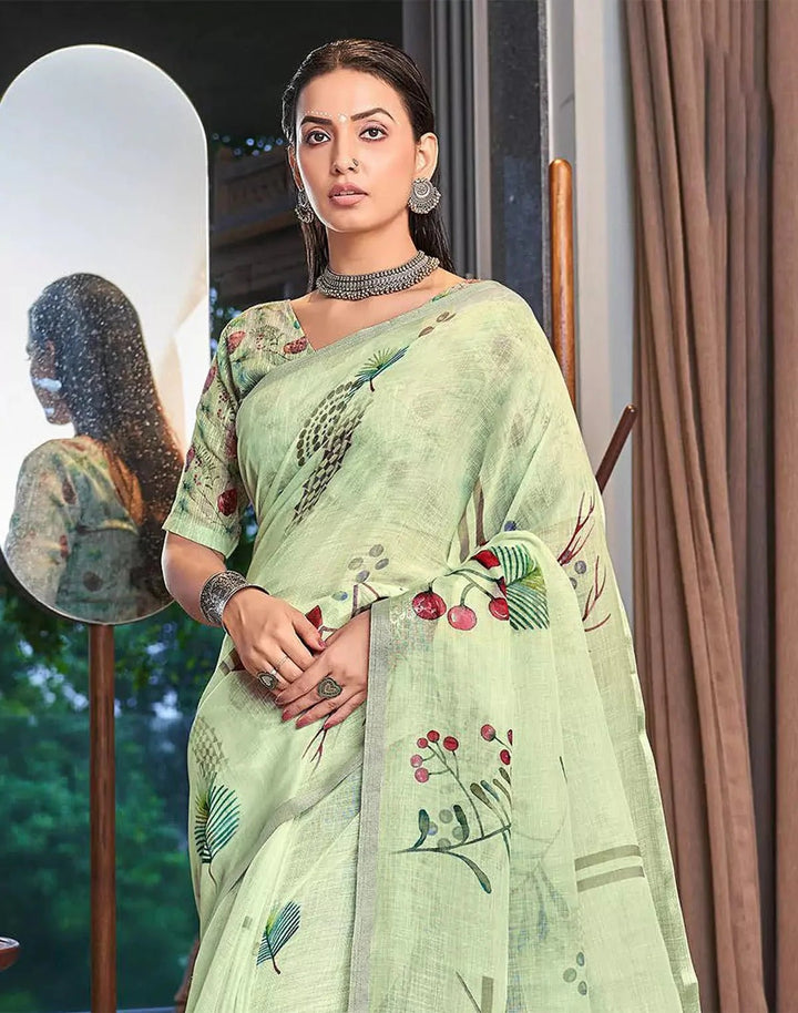 Festival Wear Light Green Color Linen Silk Saree with Short Pallu