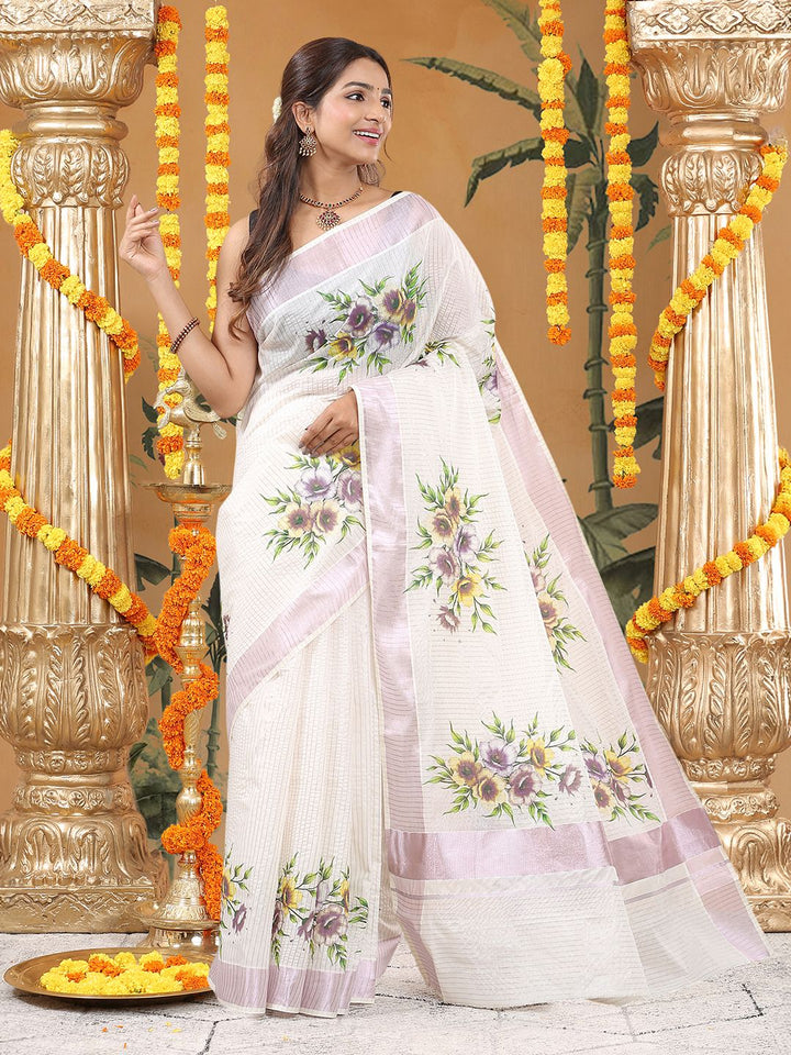 Festival Wear Off-White Color Cotton Silk Saree