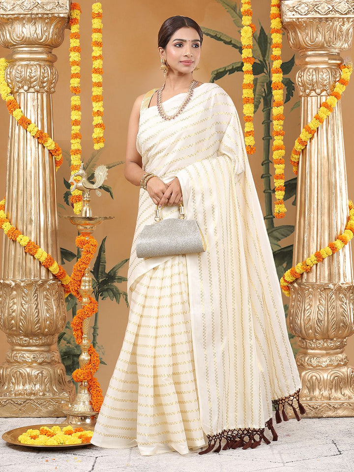 Festival Wear Off-White Color Cotton Soft Silk Saree