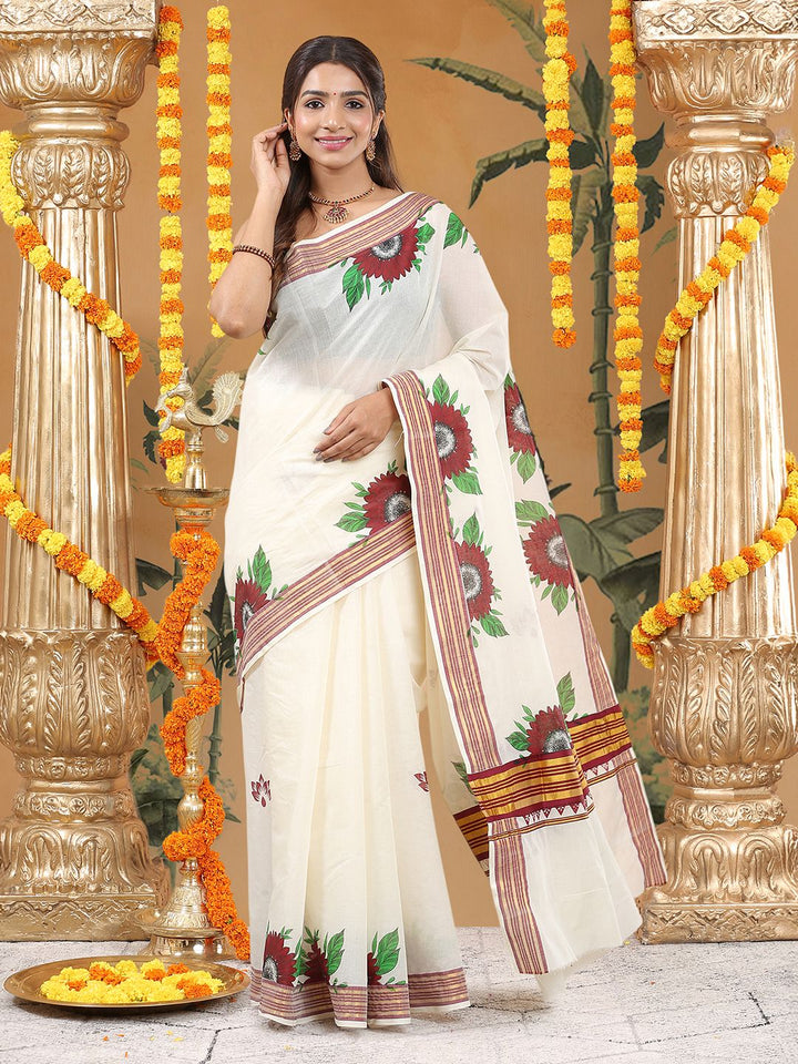 Festival Wear Off-White Color  Cotton Soft Silk Saree