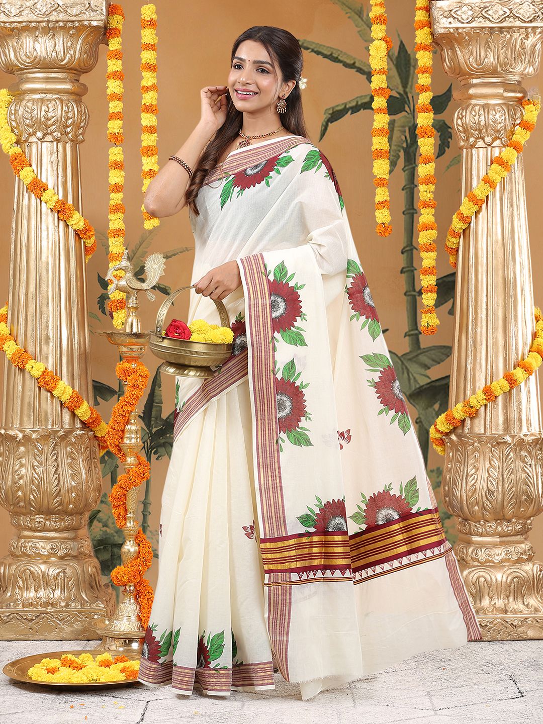 Festival Wear Off-White Color  Cotton Soft Silk Saree