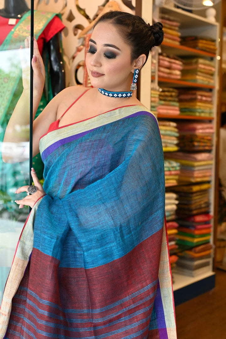Festival Wear Peacock Blue Color linen Handloom Saree