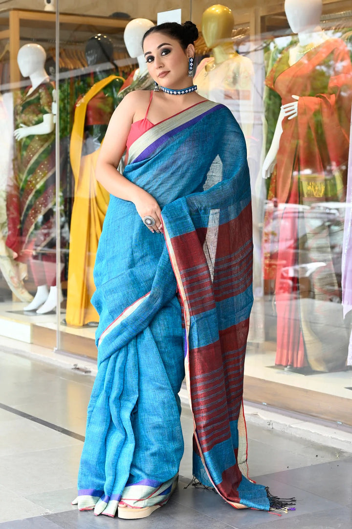 Festival Wear Peacock Blue Color linen Handloom Saree