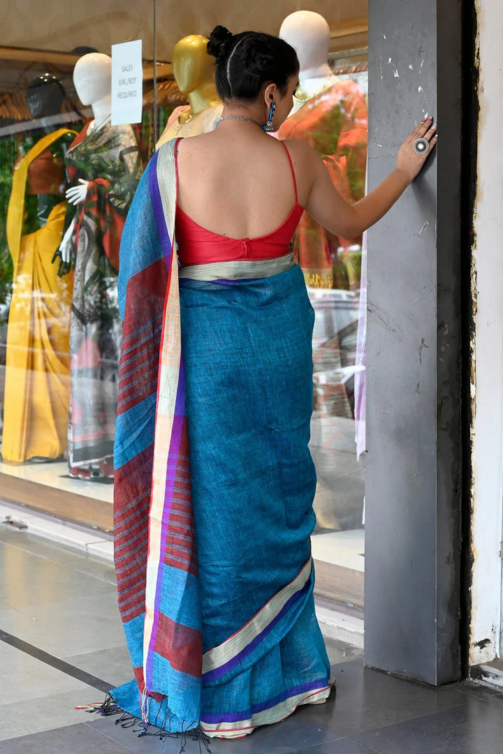 Festival Wear Peacock Blue Color linen Handloom Saree