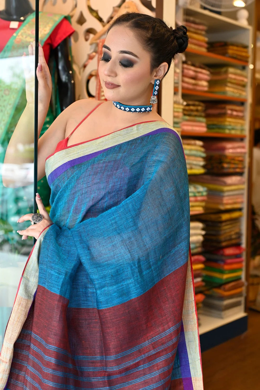 Festival Wear Peacock Blue Color linen Handloom Saree