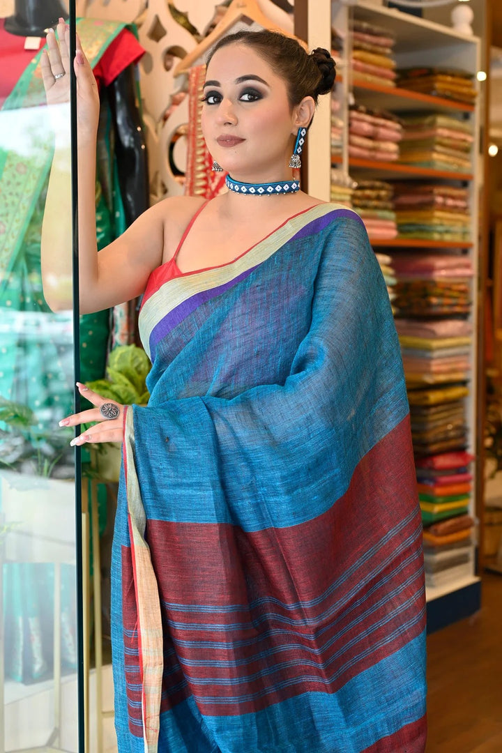 Festival Wear Peacock Blue Color linen Handloom Saree