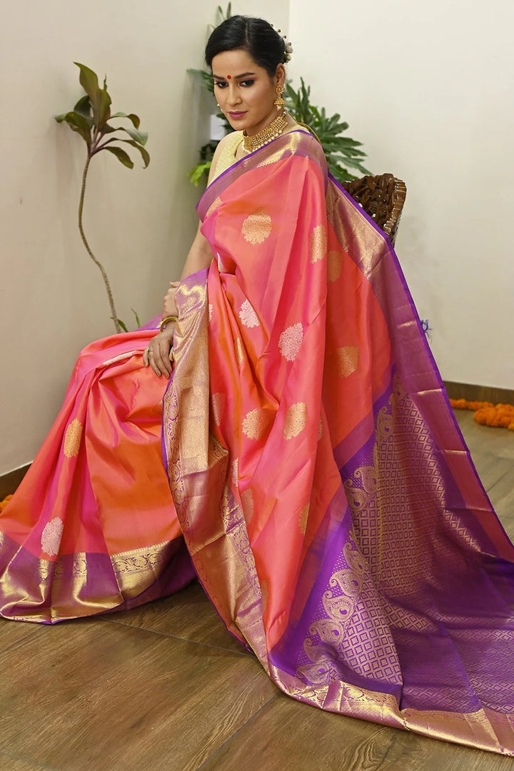 Festival Wear Pink And Orange Kanjivaram Saree With Richness Of Silver Zari