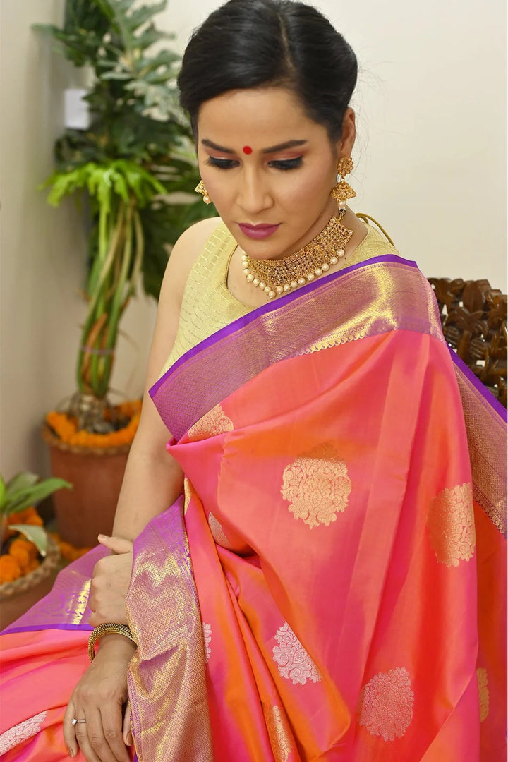 Festival Wear Pink And Orange Kanjivaram Saree With Richness Of Silver Zari