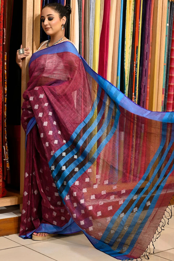 Festival Wear Red Color Pure Linen Handloom Saree