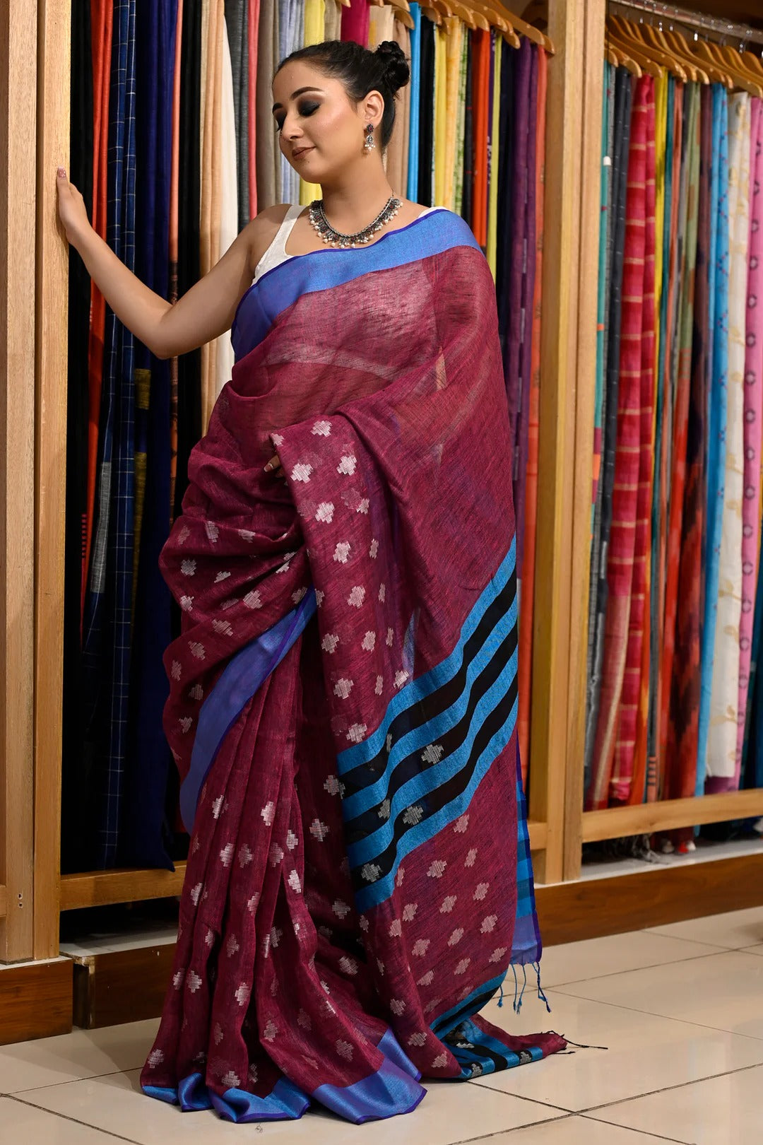 Festival Wear Red Color Pure Linen Handloom Saree