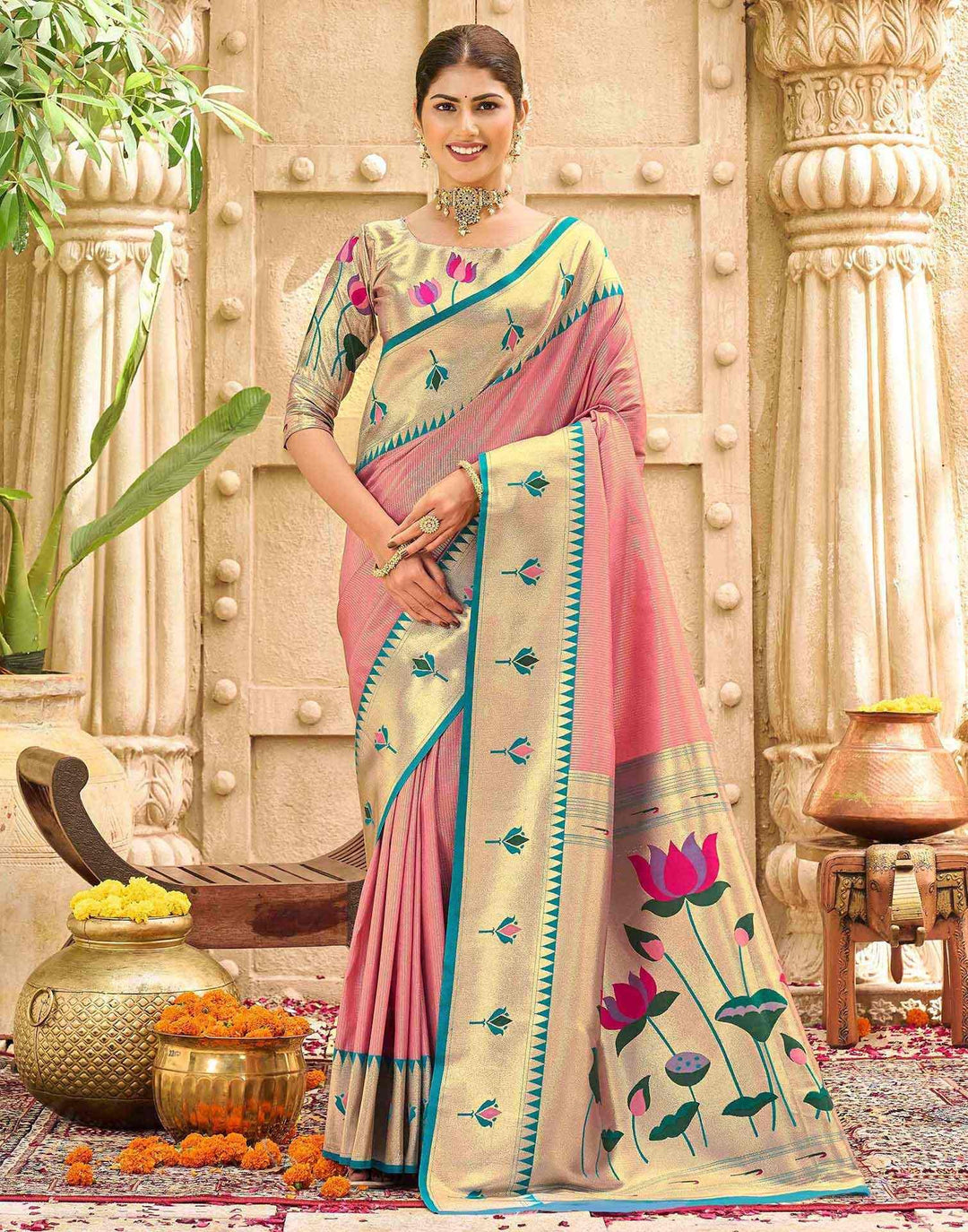 Festival Wear Rose Pink Color Banarasi Silk Saree