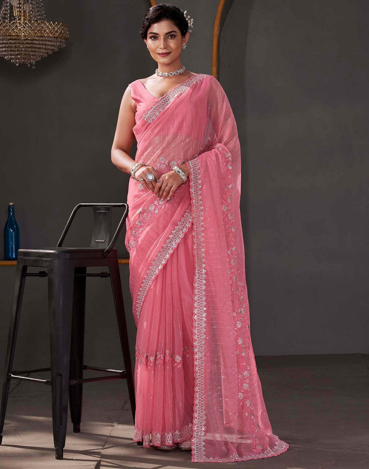 Festival Wear Rose Pink Color Linene Silk Saree