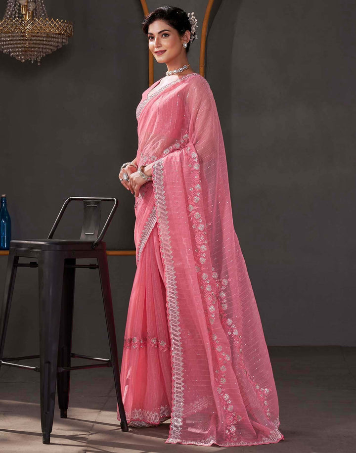 Festival Wear Rose Pink Color Linene Silk Saree