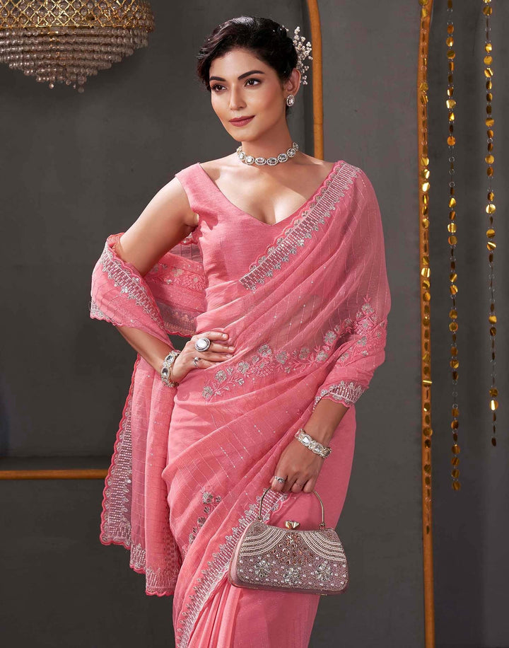 Festival Wear Rose Pink Color Linene Silk Saree