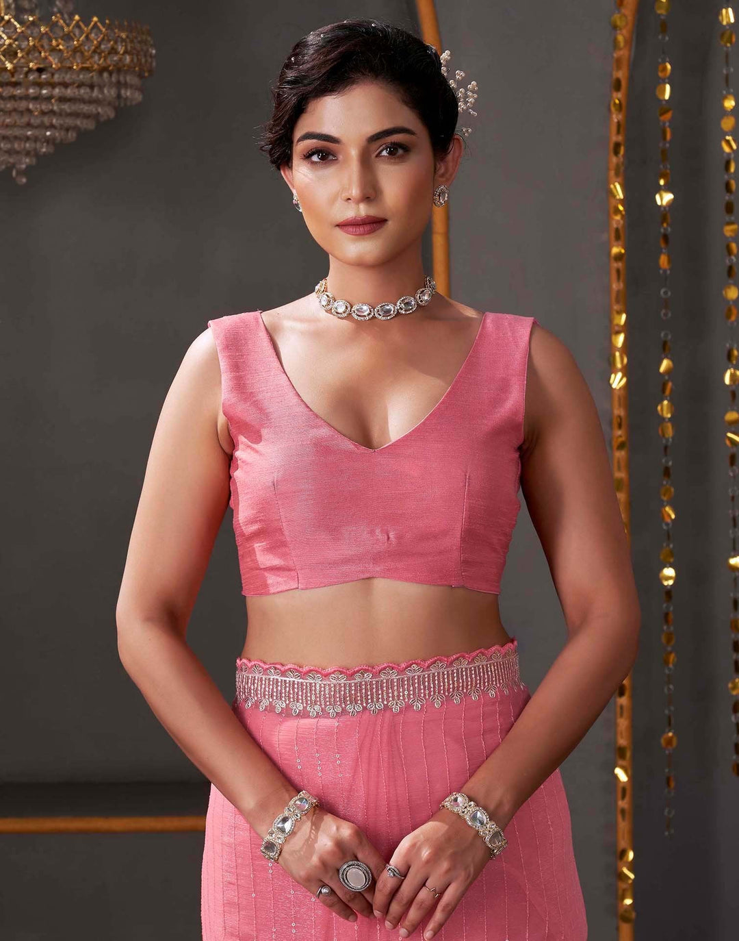 Festival Wear Rose Pink Color Linene Silk Saree