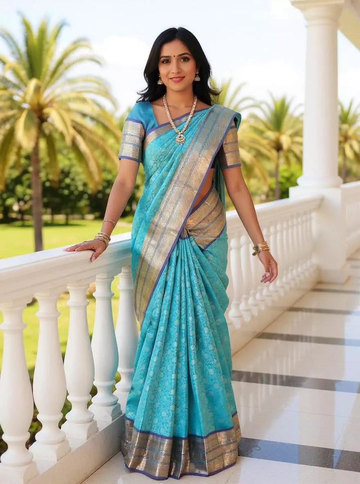 Festival Wear Sky Blue Color Banarasi Silk Saree