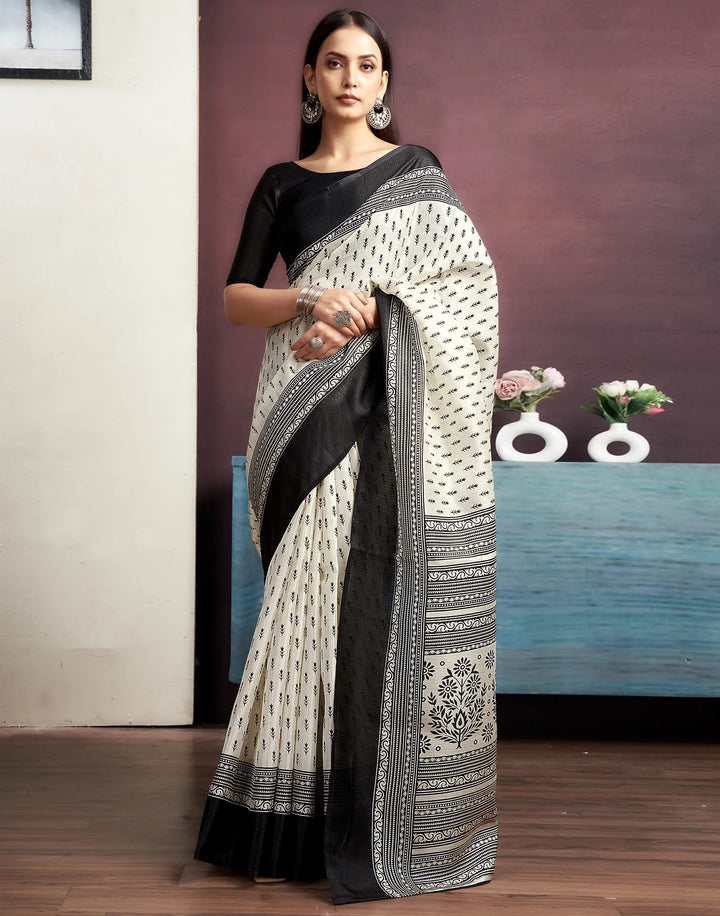 Festival Wear White Color Cotton Blend Printed Saree