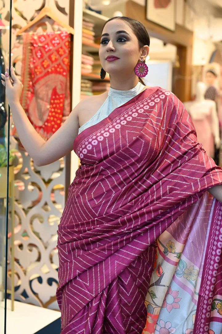 Festival Wear Wine Color Linene Saree with Kalamkari