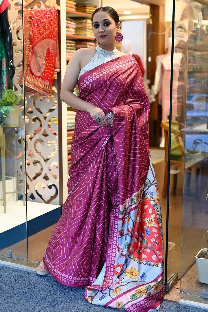 Festival Wear Wine Color Linene Saree with Kalamkari