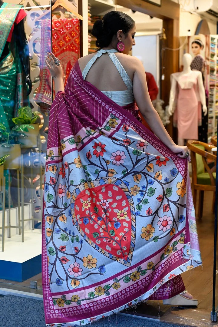 Festival Wear Wine Color Linene Saree with Kalamkari
