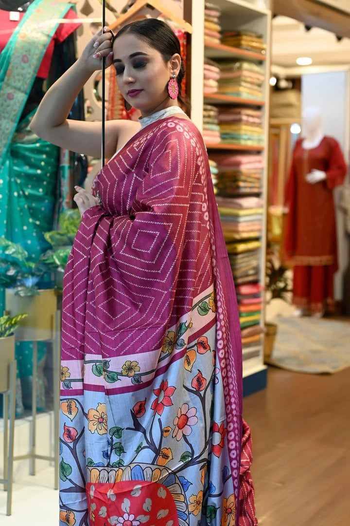 Festival Wear Wine Color Linene Saree with Kalamkari