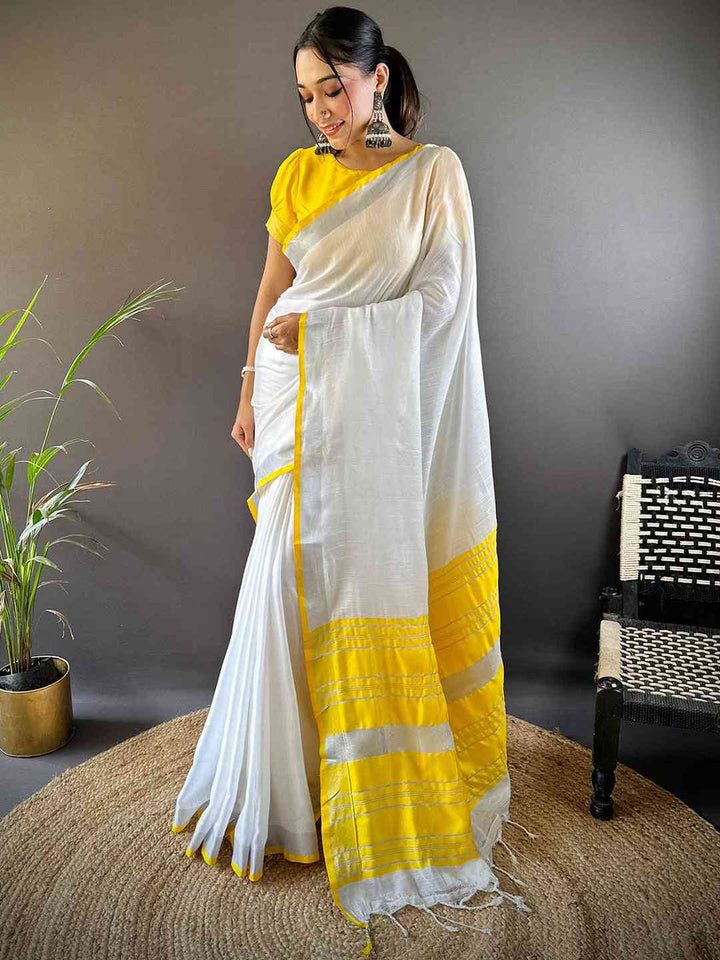 Festival Wear Yellow Color Linen Silk Saree