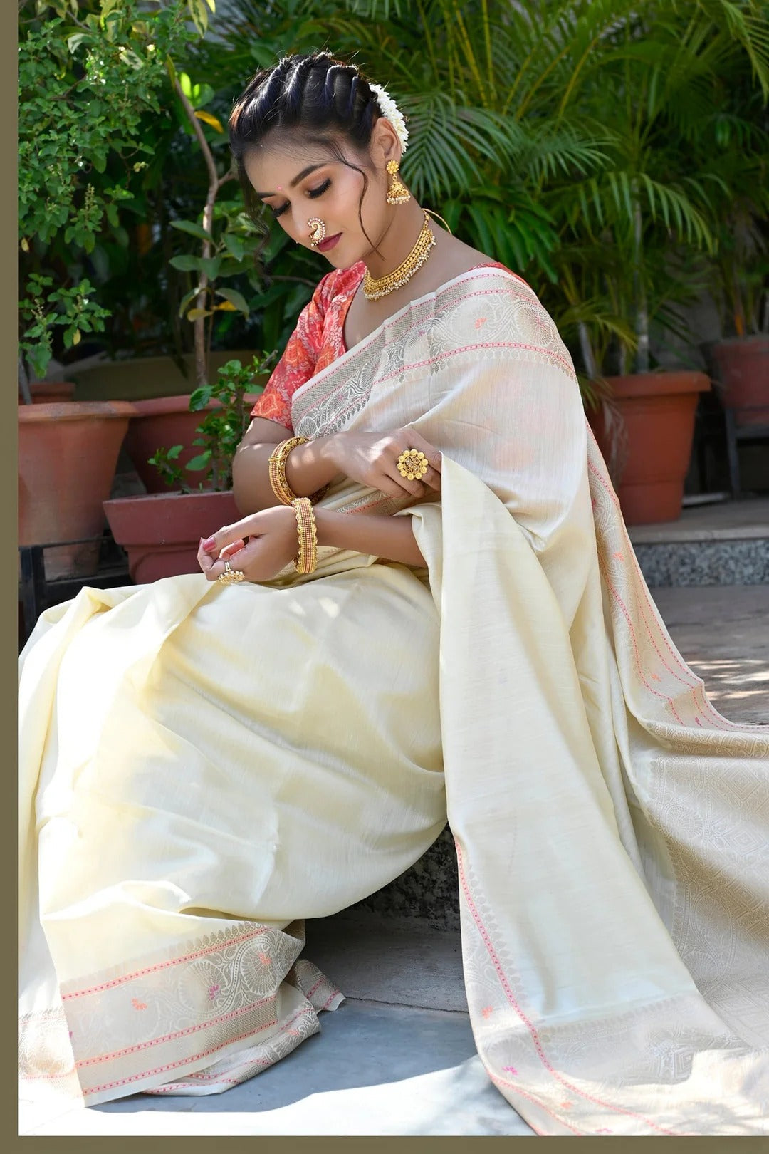 Glamourous Glow Cream Color Banarasi Silk Saree