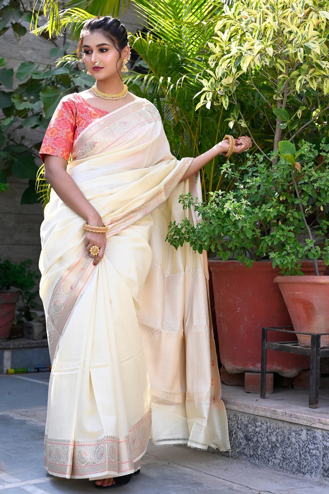 Glamourous Glow Cream Color Banarasi Silk Saree