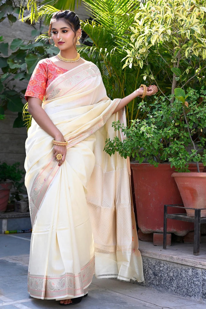 Glamourous Glow Cream Color Banarasi Silk Saree