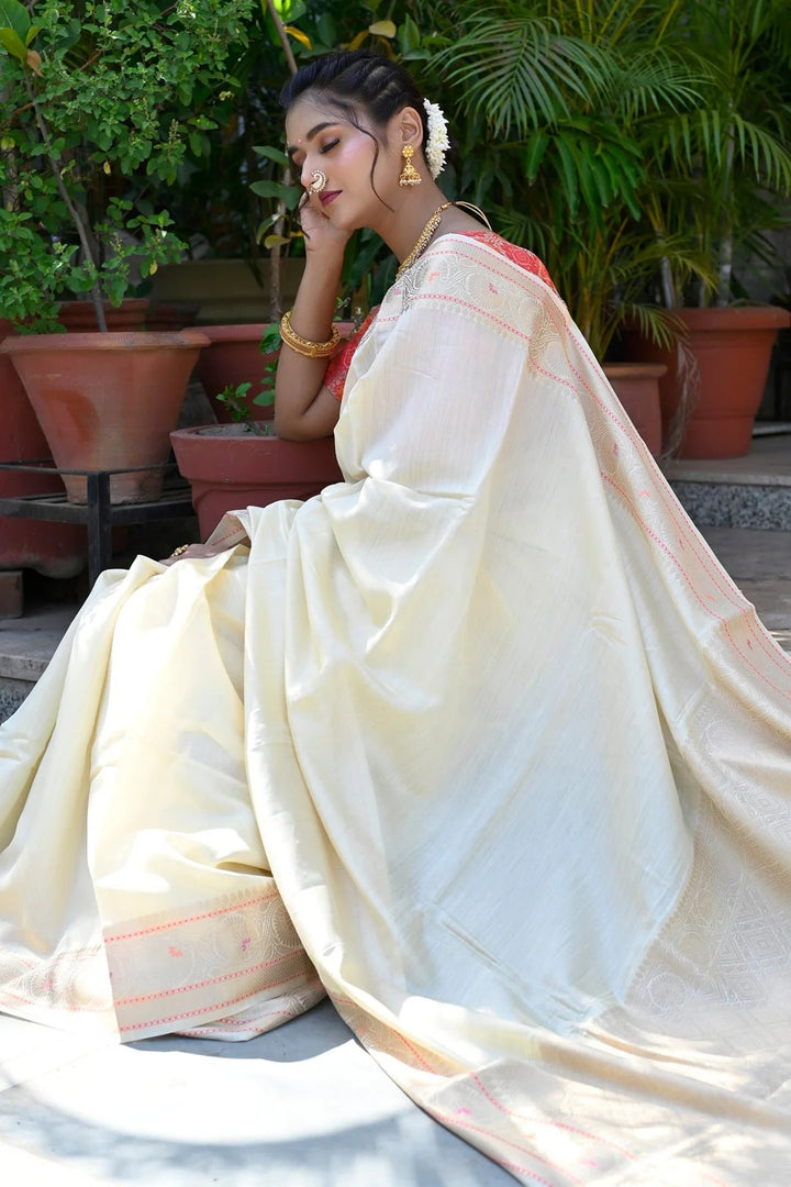 Glamourous Glow Cream Color Banarasi Silk Saree