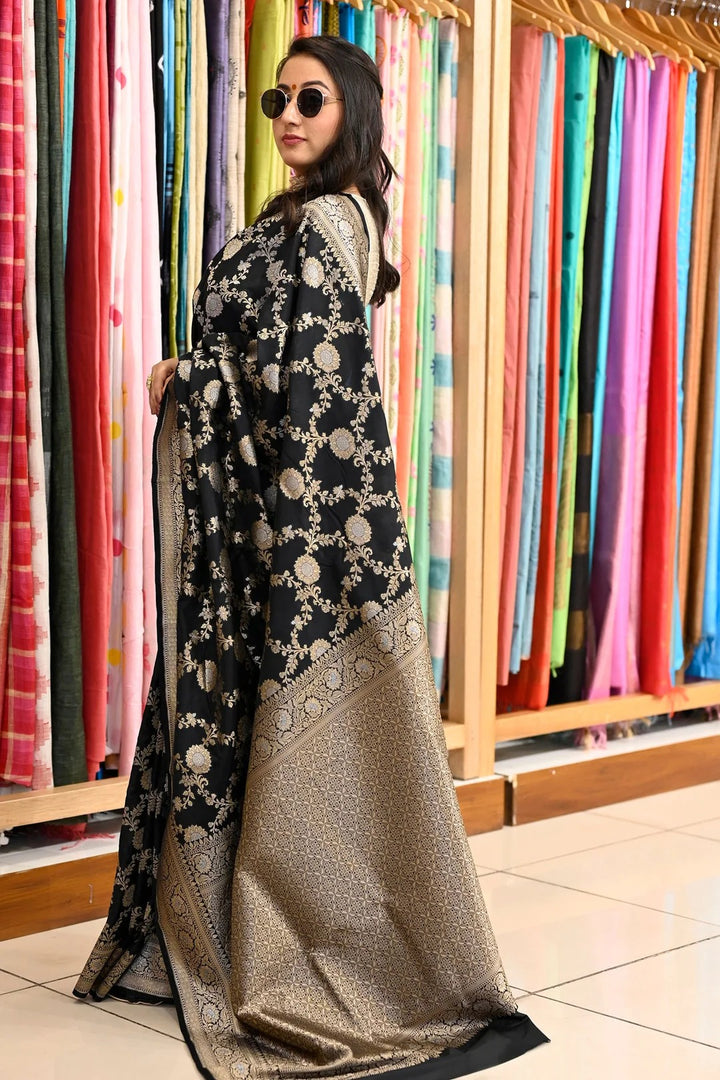 Party Wear Black Color Banarasi Silk Saree With Meena Work