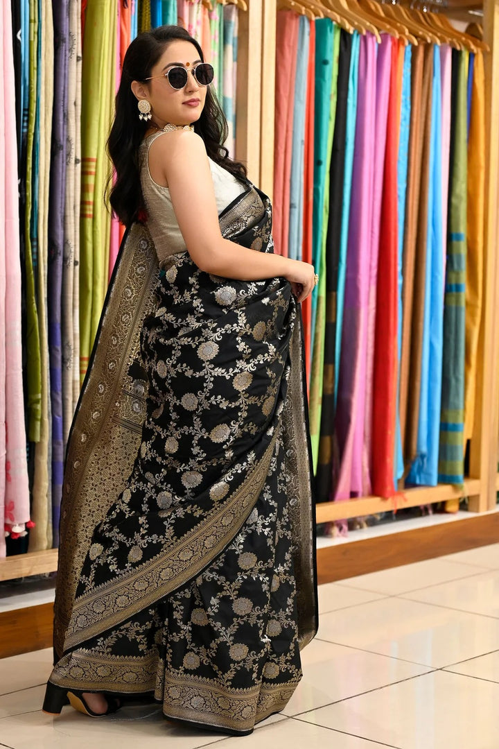 Party Wear Black Color Banarasi Silk Saree With Meena Work