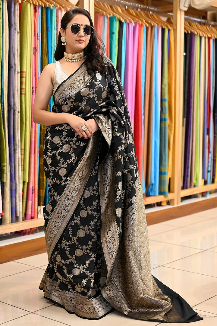 Party Wear Black Color Banarasi Silk Saree With Meena Work