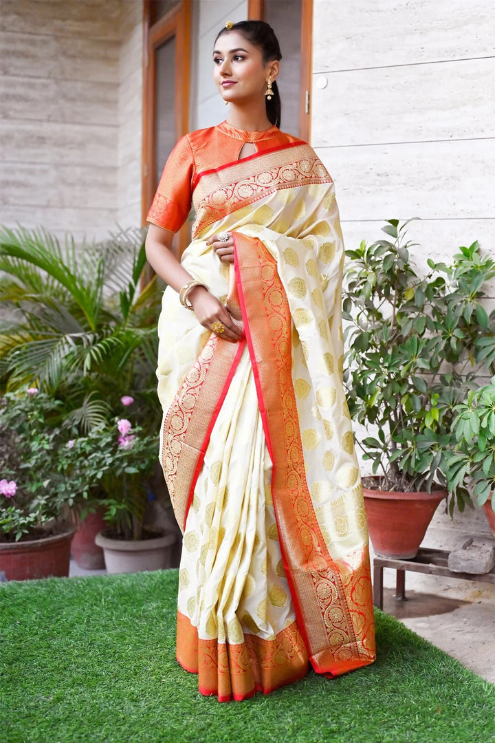 Off White Color Banarasi Saree with Zari Border and Heavy Pallu