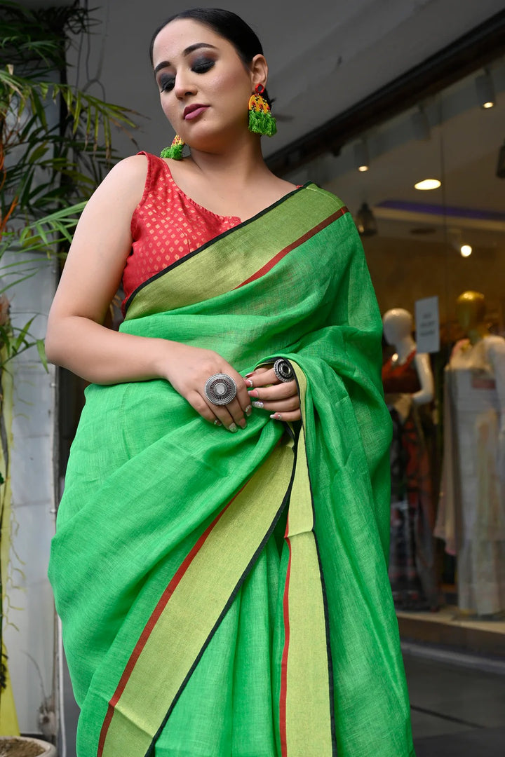Office Wear Parakeet Green Color linen Handloom Saree
