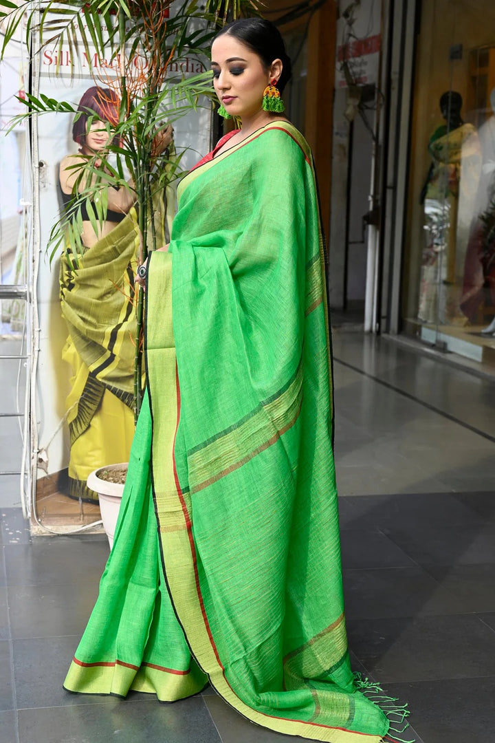 Office Wear Parakeet Green Color linen Handloom Saree