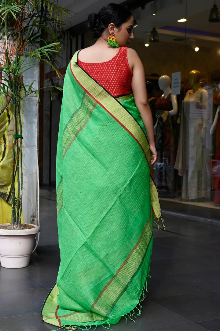 Office Wear Parakeet Green Color linen Handloom Saree